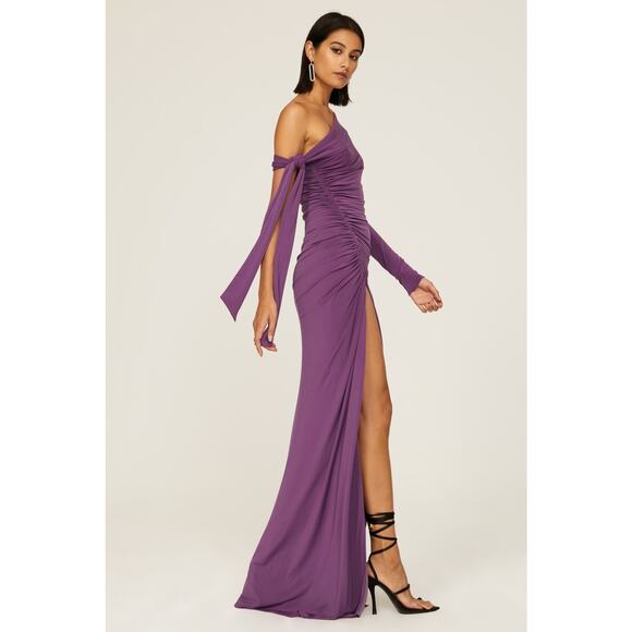 Halston Kamilah Jersey Purple One Shoulder Ruched Slit Cocktail Gown Size 4 - Picture 2 of 16
